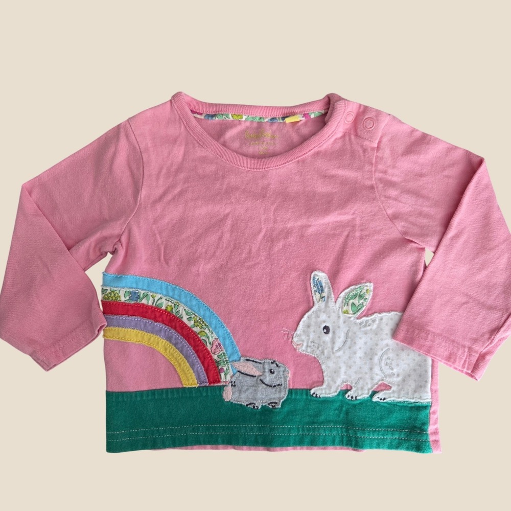 Baby Boden Pink Bunny Rainbow Applique Long Sleeve Tee 3-6M Y1413